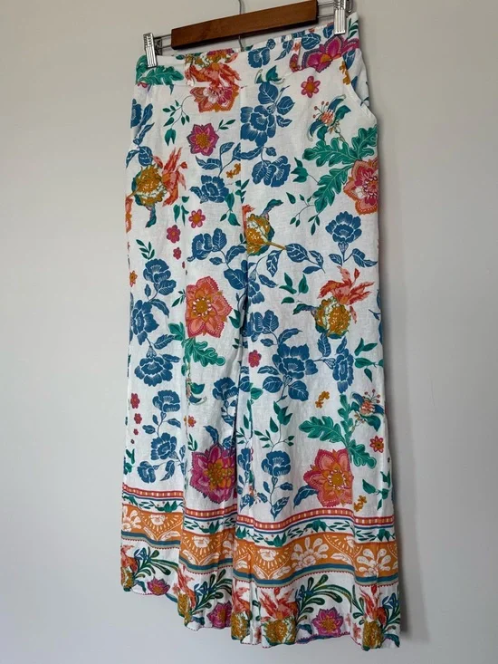 Rachel Zoe Linen Blend White Colorful Floral Print Wide Leg Pants Size Small - Picture 2 of 12